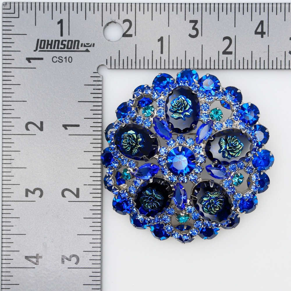 Vintage Juliana D&E Blue Art Glass Rose Rhinestone Brooch Book Piece 1960s - Picture 3 of 3